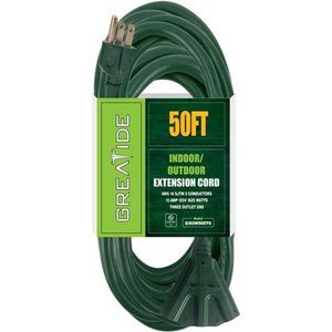 50 Ft Outdoor Extension Cord with 3 Electrical Power Outlets - Green Cable